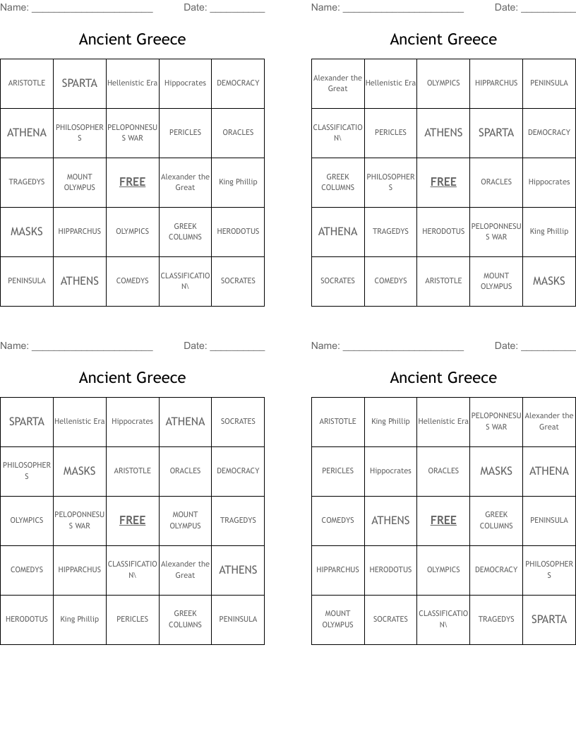 Ancient Greece Bingo Cards