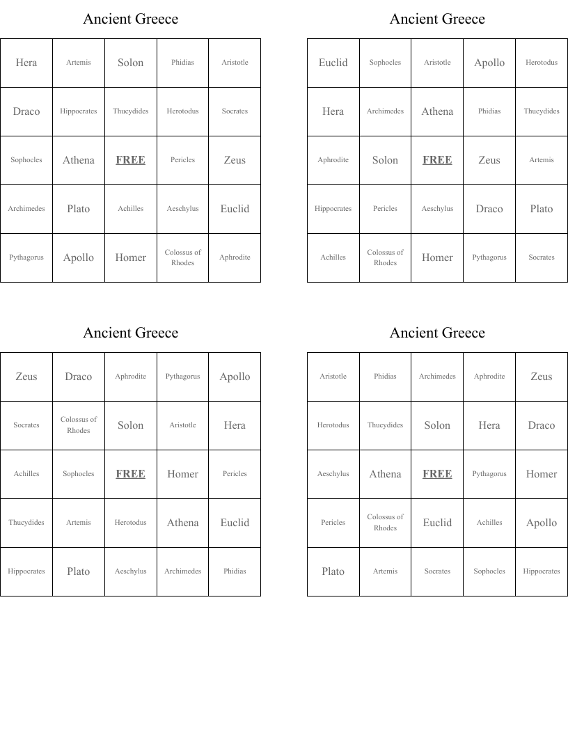 Ancient Greece Bingo Cards