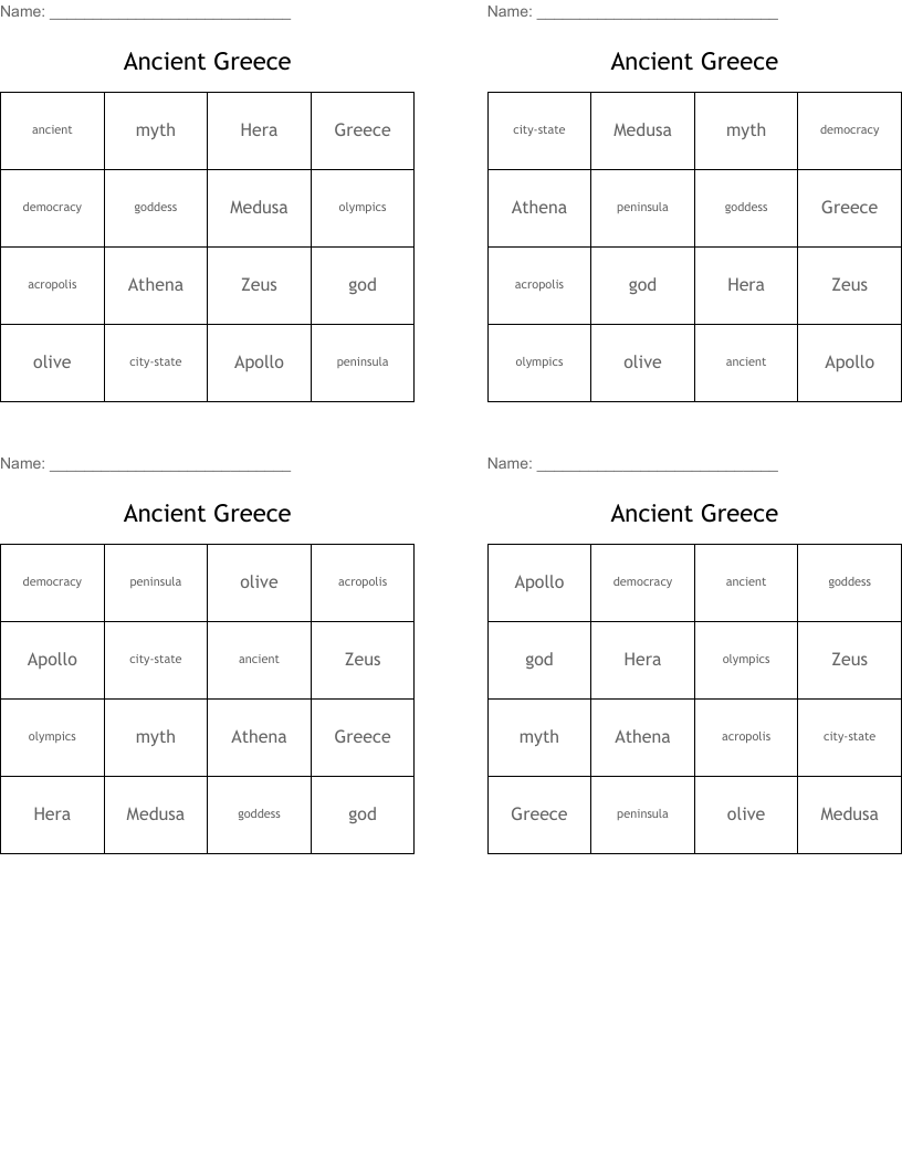 Ancient Greece Bingo Cards