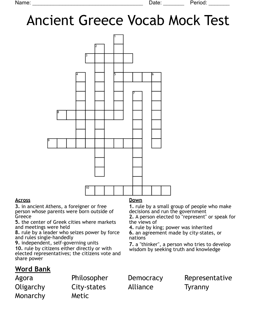 Ancient Greece Vocab Mock Test Crossword