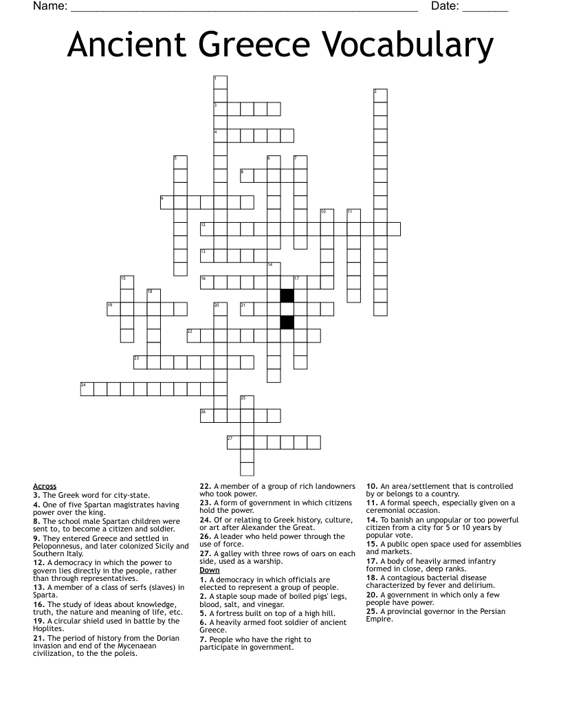 Ancient Greece Vocabulary Crossword