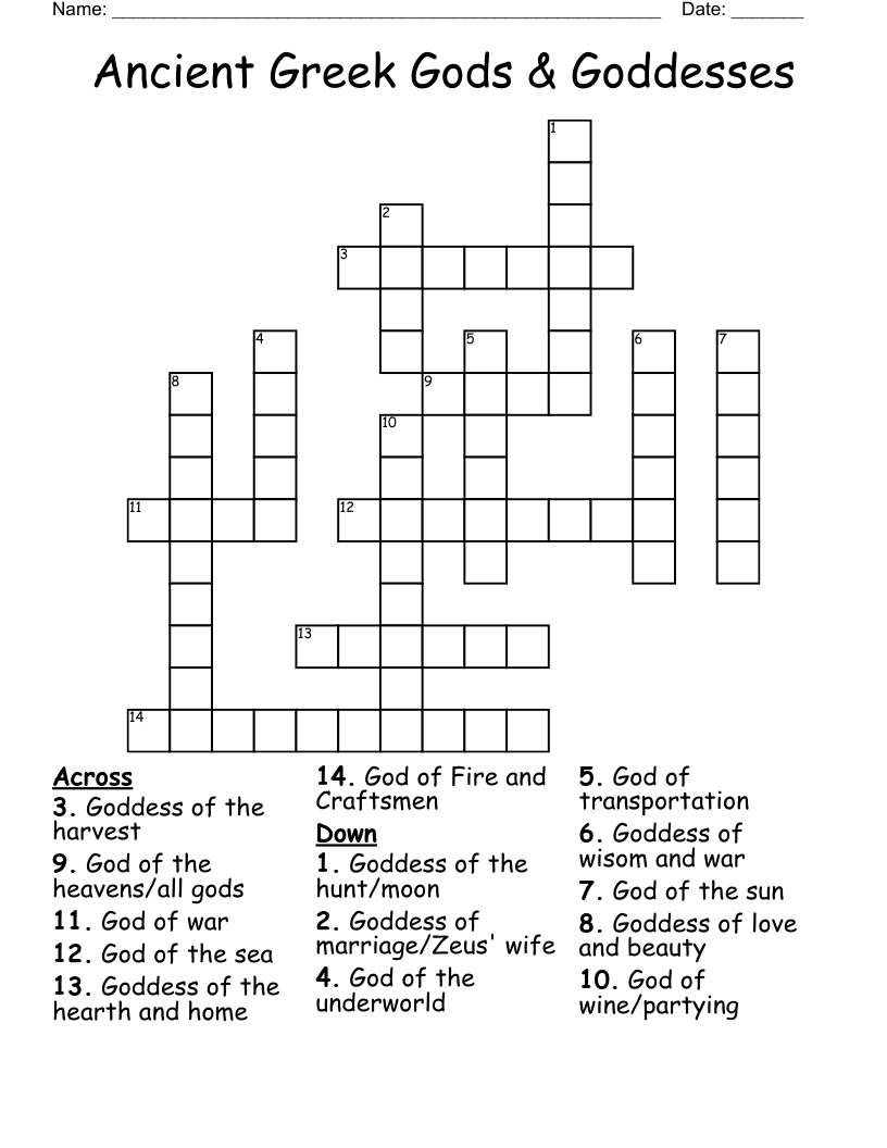 Ancient Greek Gods & Goddesses Crossword