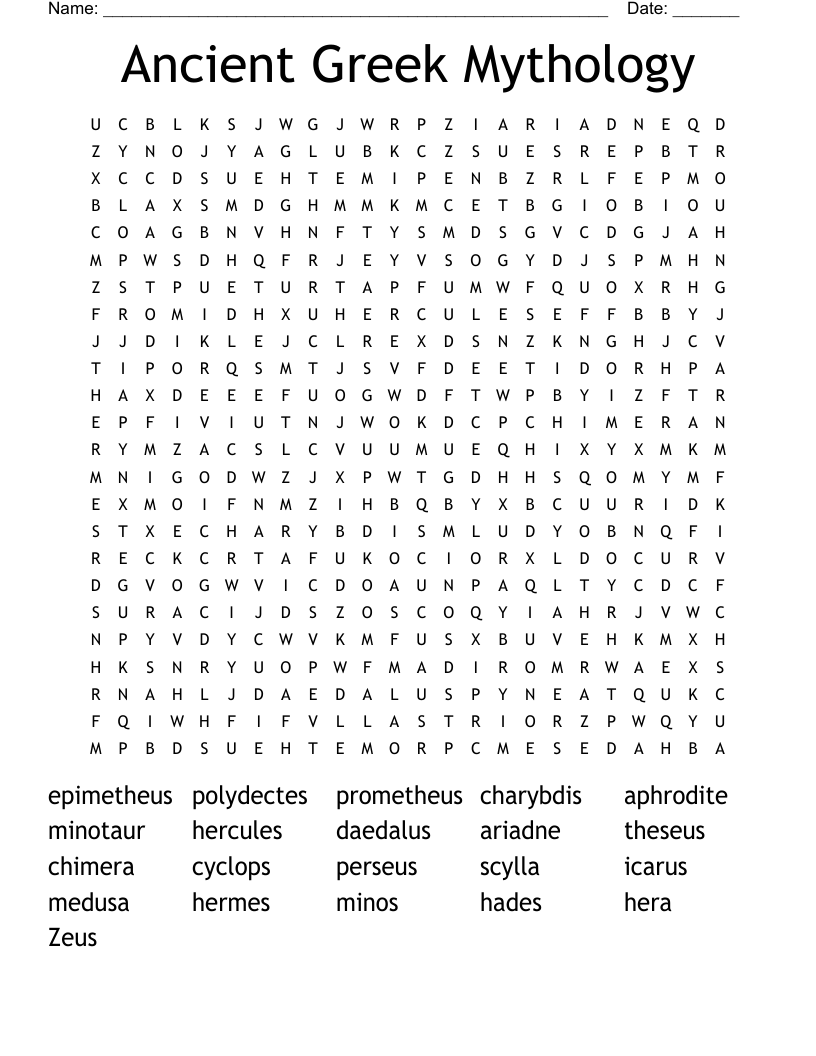 Ancient Greek Mythology Word Search