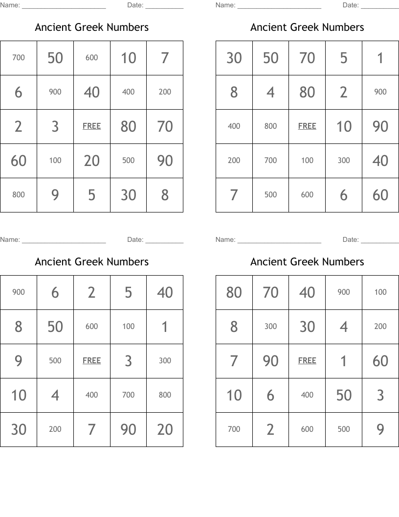 Ancient Greek Numbers Bingo Cards