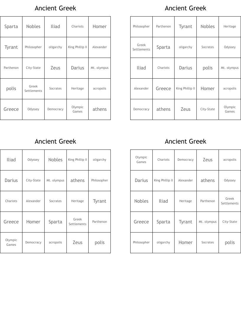 Ancient Greek  Bingo Cards