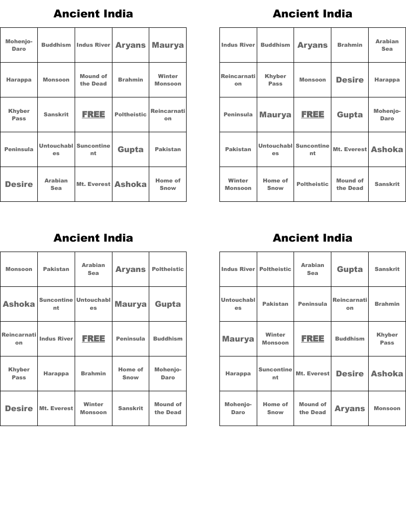 Ancient India Bingo Cards