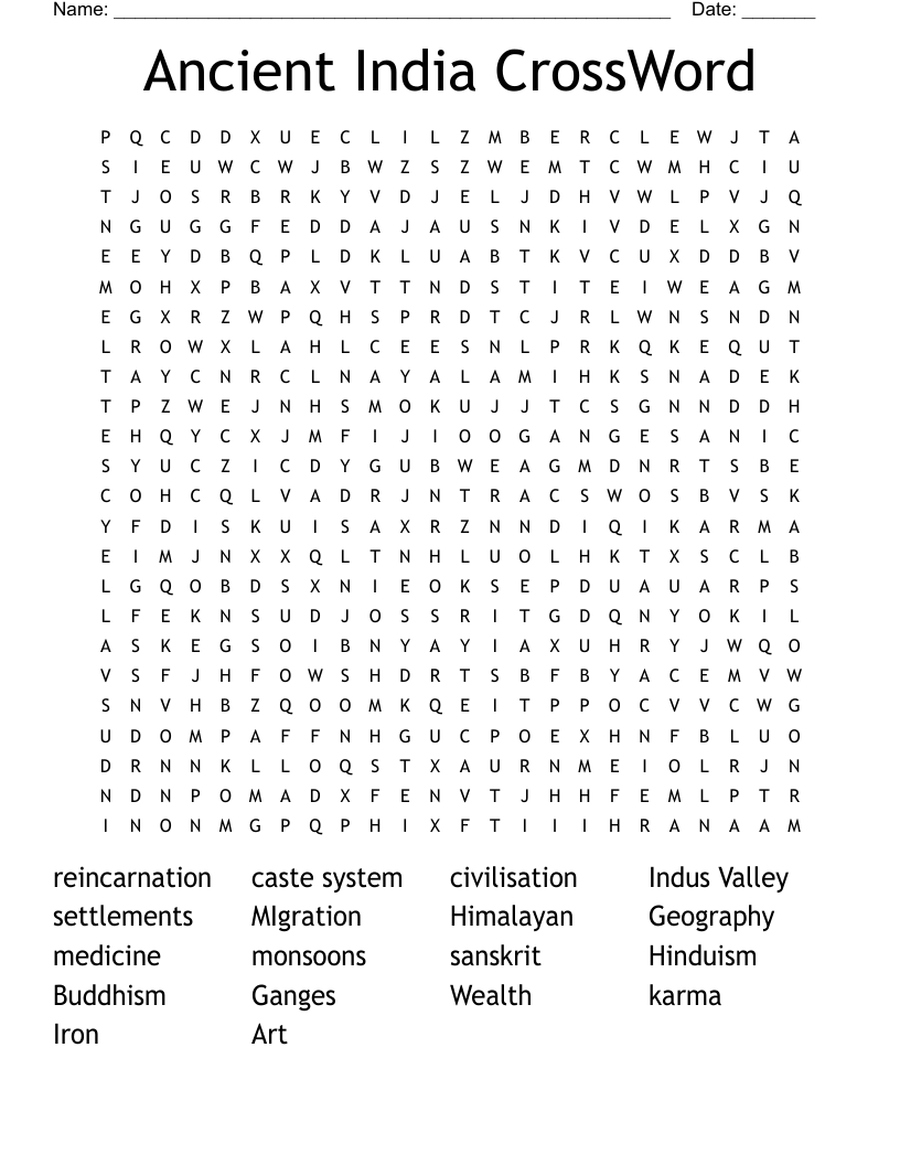 Ancient India CrossWord Word Search