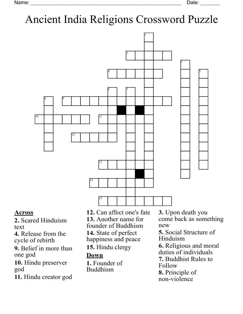 Ancient India Religions Crossword Puzzle