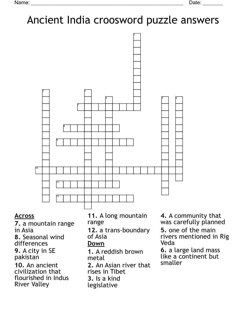 Ancient India croosword puzzle answers  Crossword