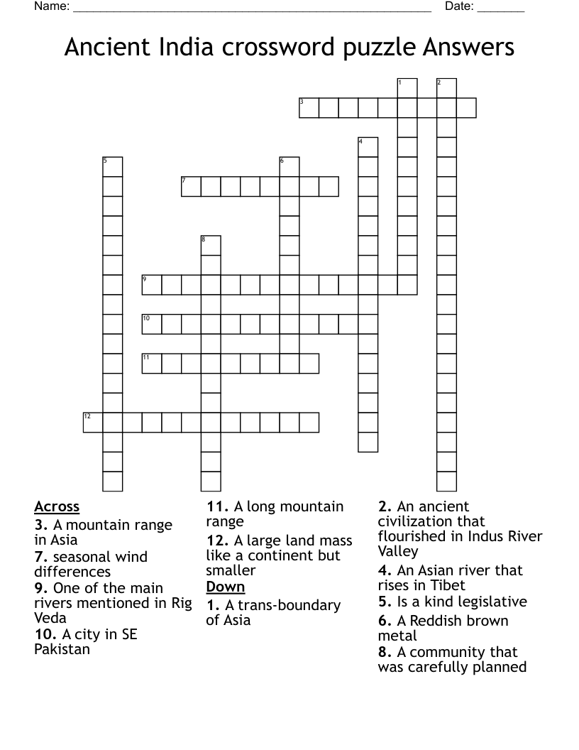 Ancient India crossword puzzle Answers 