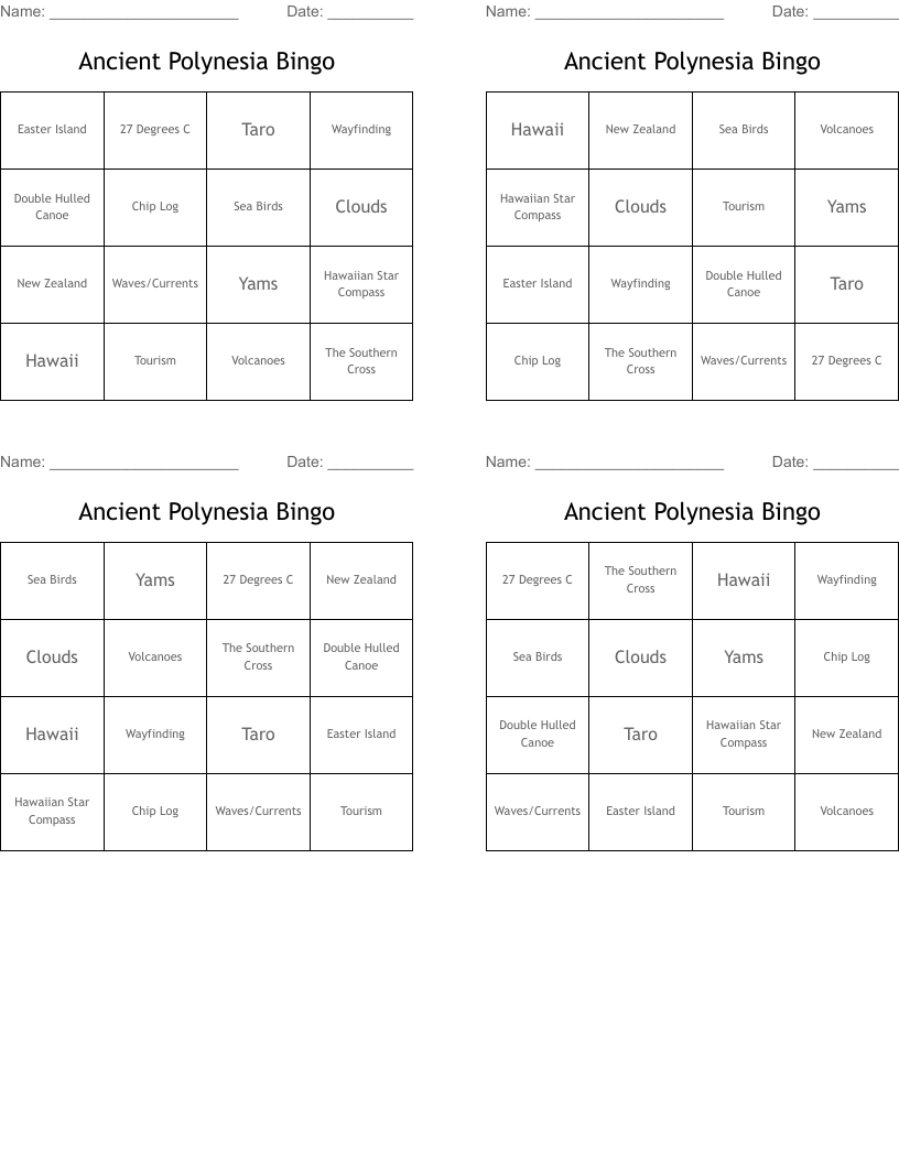 Ancient Polynesia Bingo