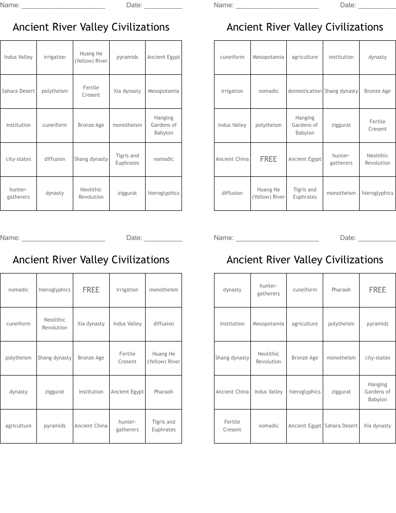 Ancient River Valley Civilizations Bingo Cards