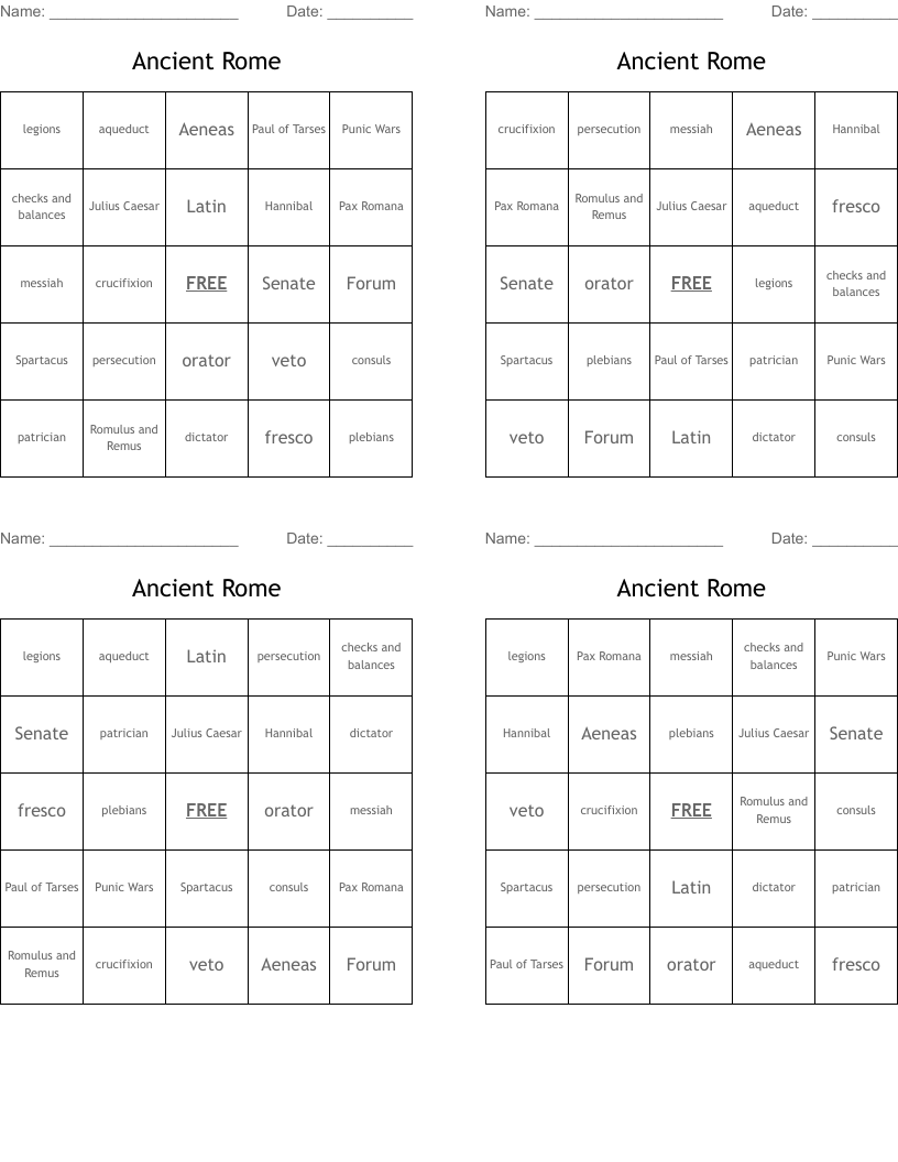 Ancient Rome Bingo Cards