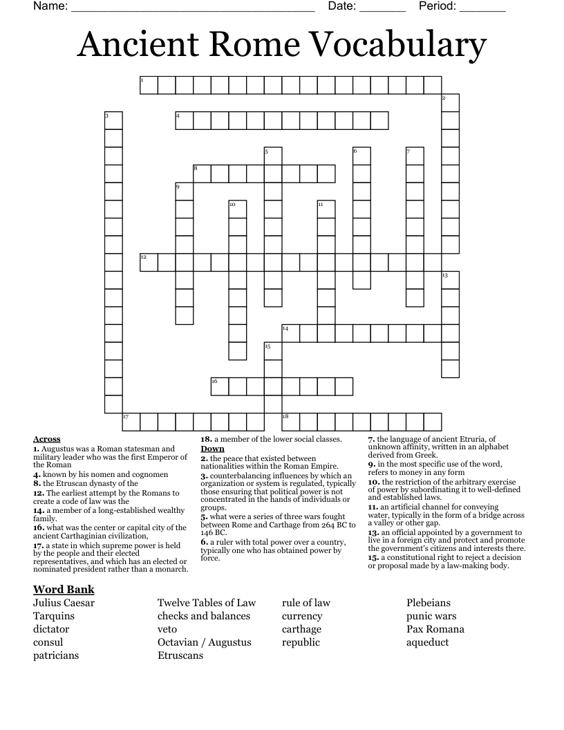 Ancient Rome Vocabulary Crossword