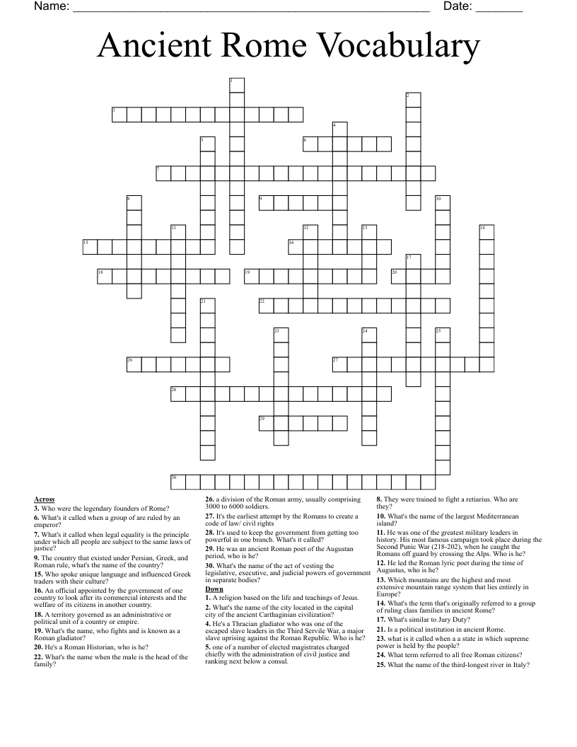 Ancient Rome Vocabulary Crossword