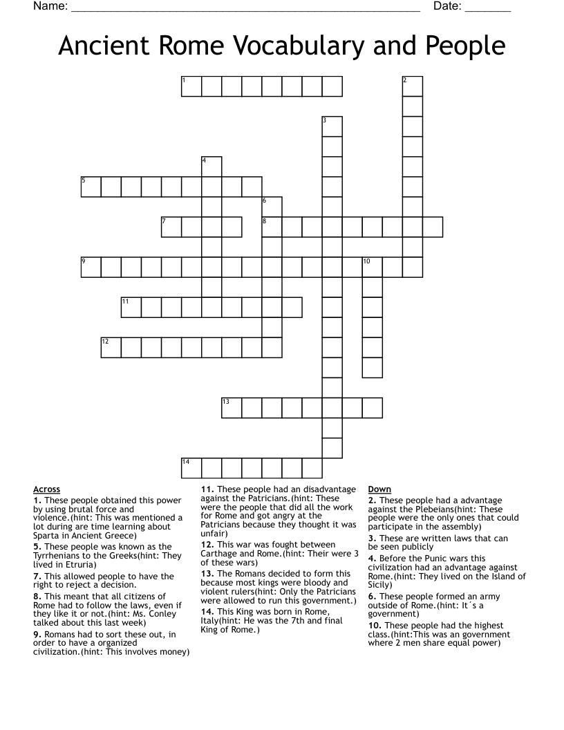 Ancient Rome Vocabulary and People Crossword