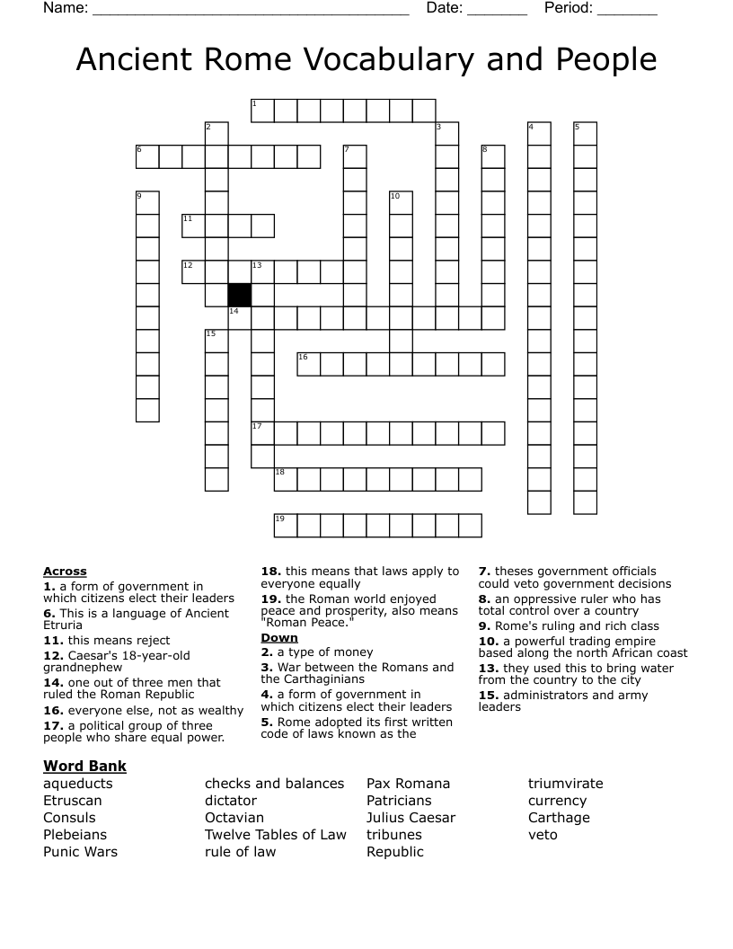 Ancient Rome Vocabulary and People Crossword