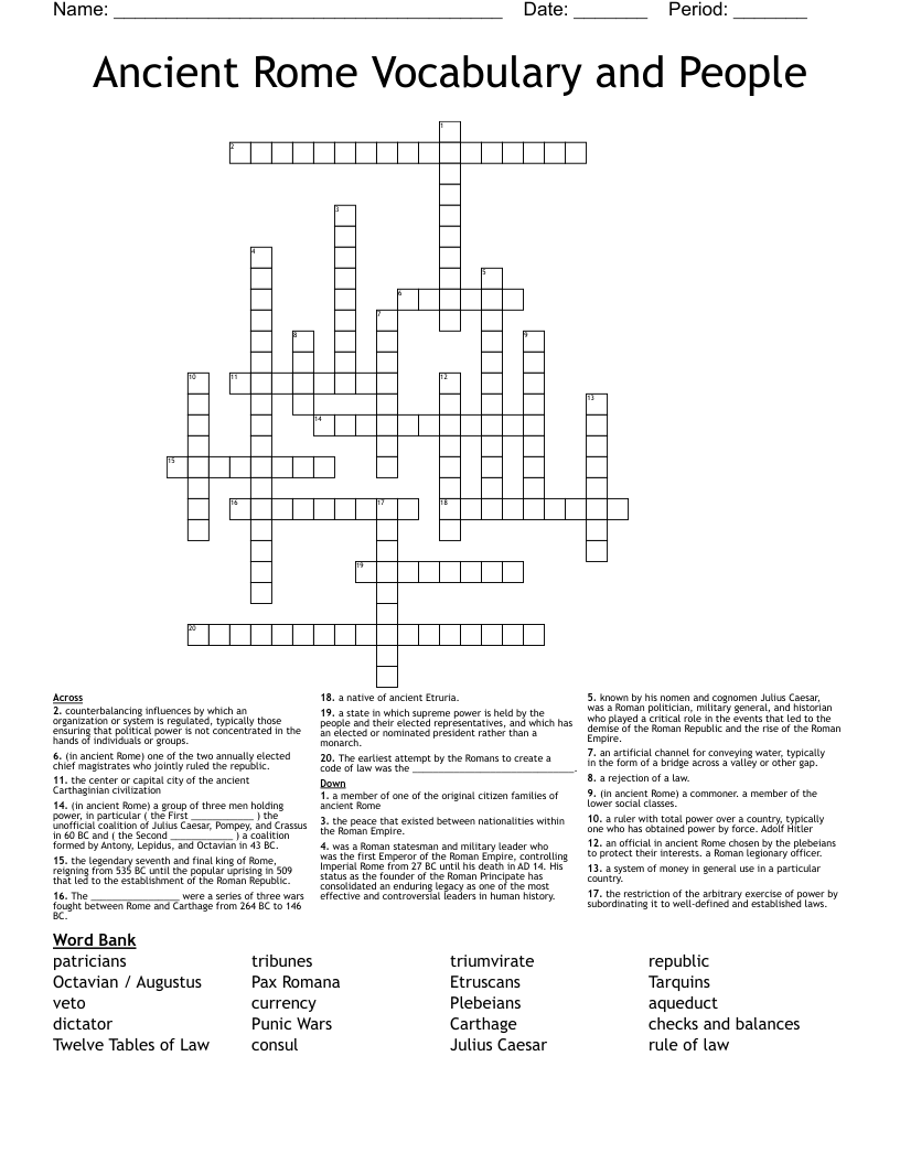 Ancient Rome Vocabulary and People Crossword