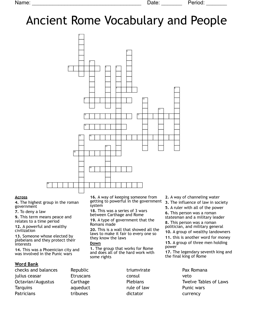 Ancient Rome Vocabulary and People Crossword