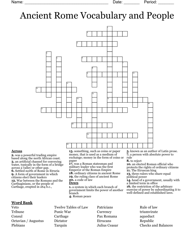 Ancient Rome Vocabulary and People Crossword