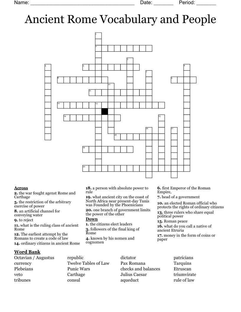 Ancient Rome Vocabulary and People Crossword