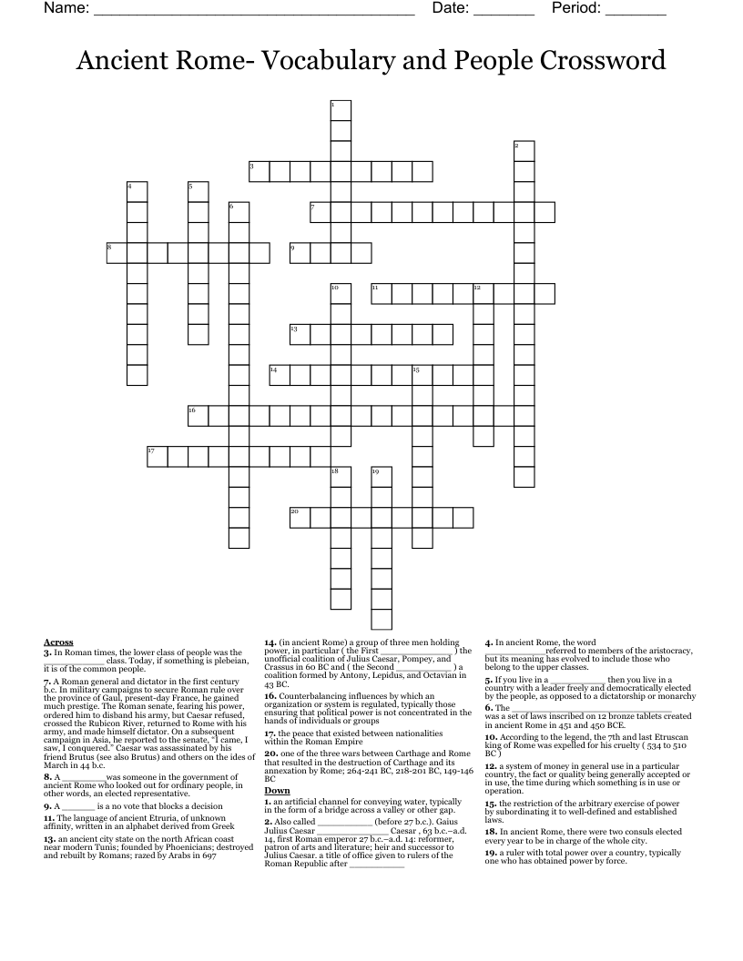 Ancient Rome- Vocabulary and People Crossword
