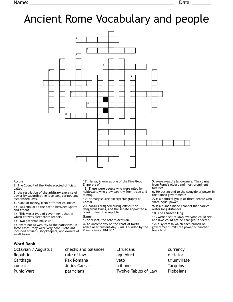 Ancient Rome Vocabulary and people Crossword