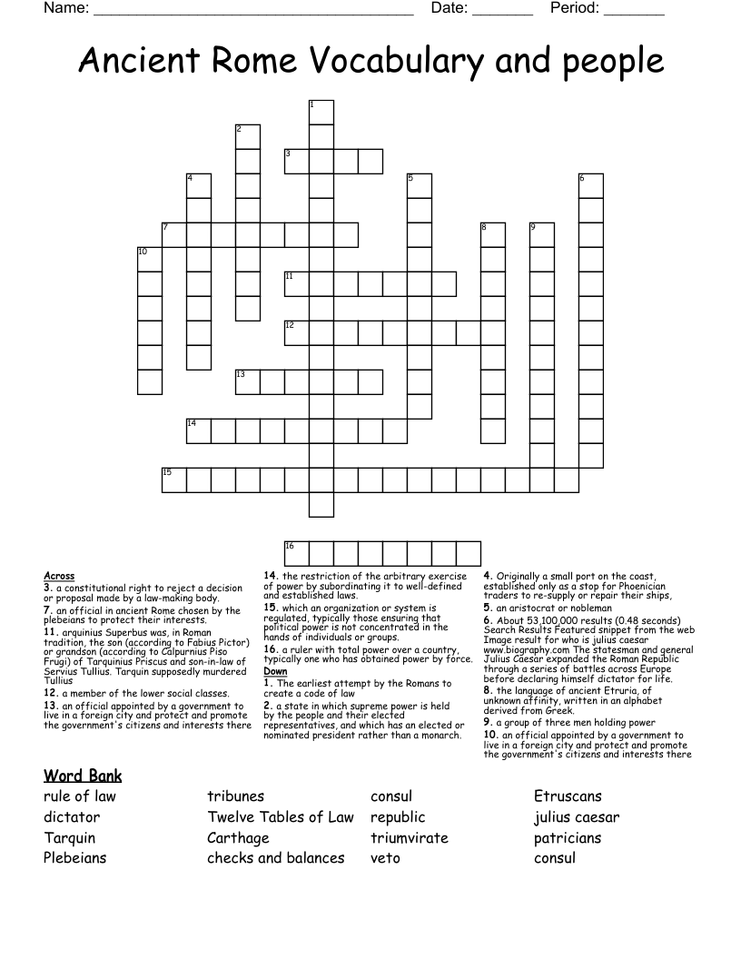 Ancient Rome Vocabulary and people Crossword