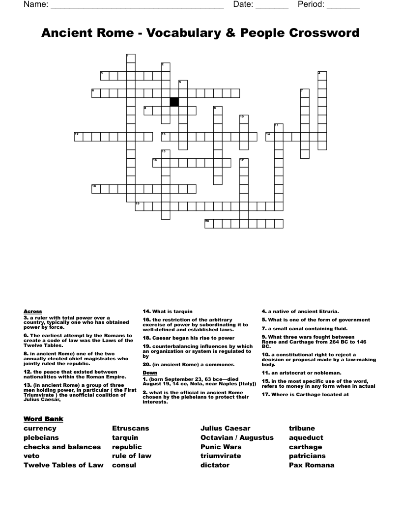 Ancient Rome - Vocabulary & People Crossword