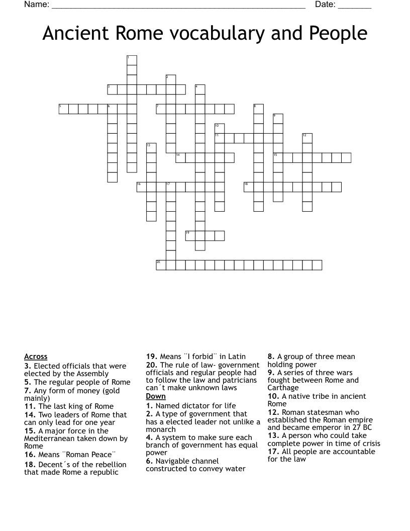 Ancient Rome vocabulary and People Crossword