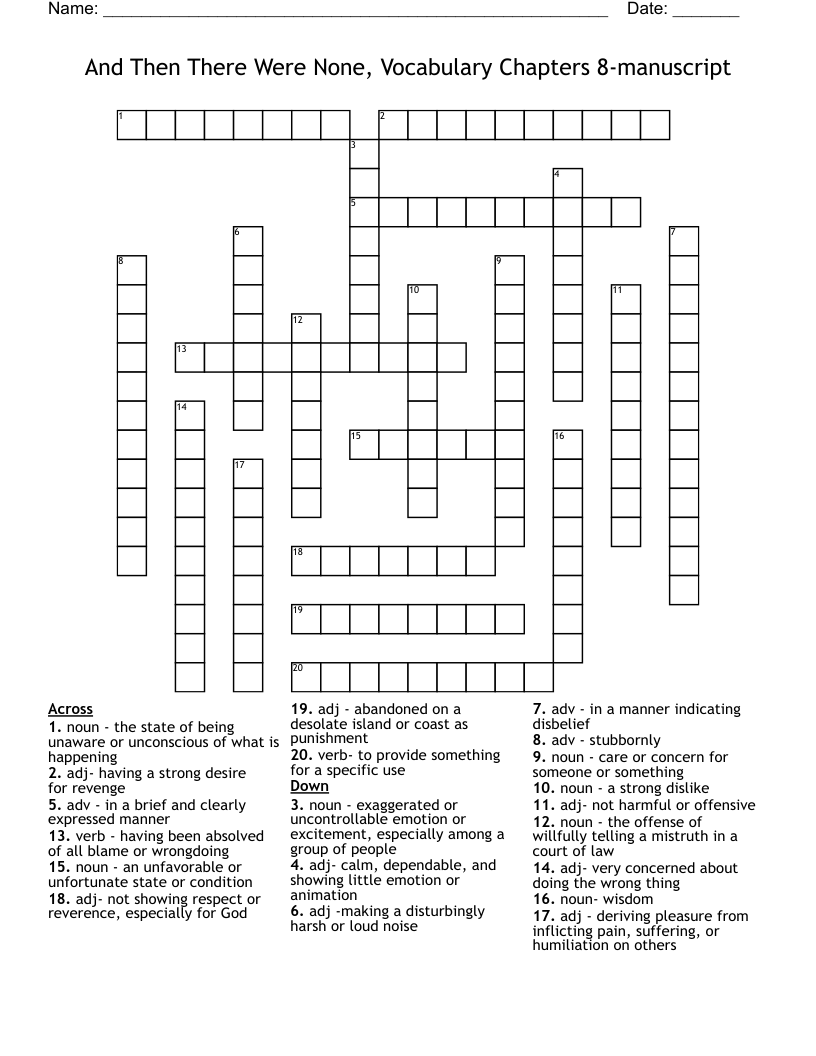 And Then There Were None, Vocabulary Chapters 8-manuscript Crossword