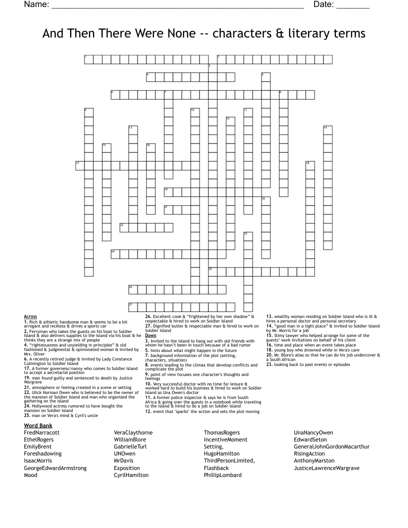 And Then There Were None -- characters & literary terms Crossword