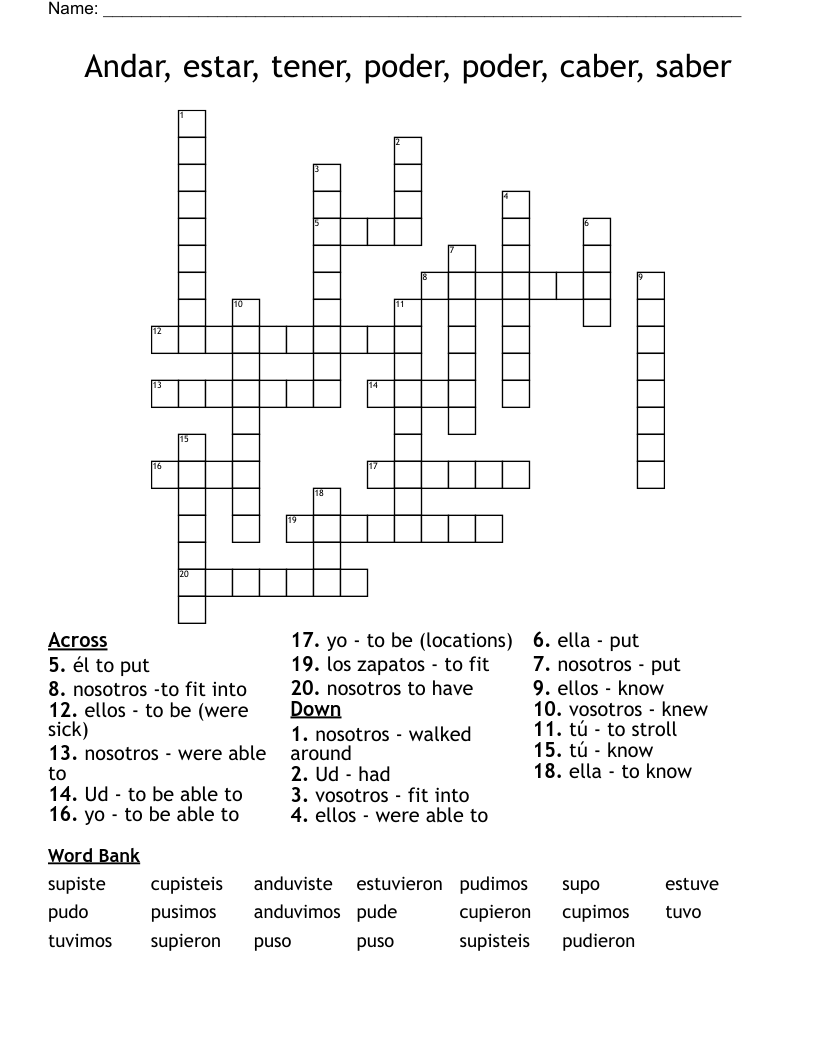 Andar, estar, tener, poder, poder, caber, saber Crossword
