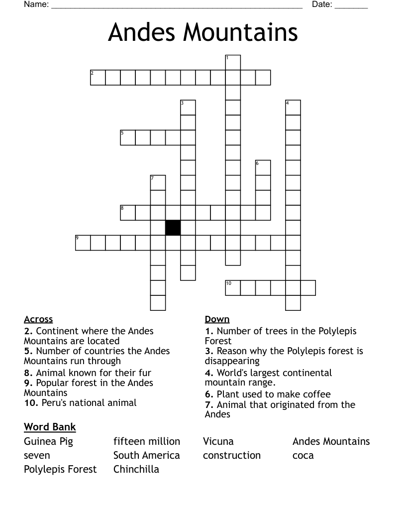 Andes Mountains  Crossword