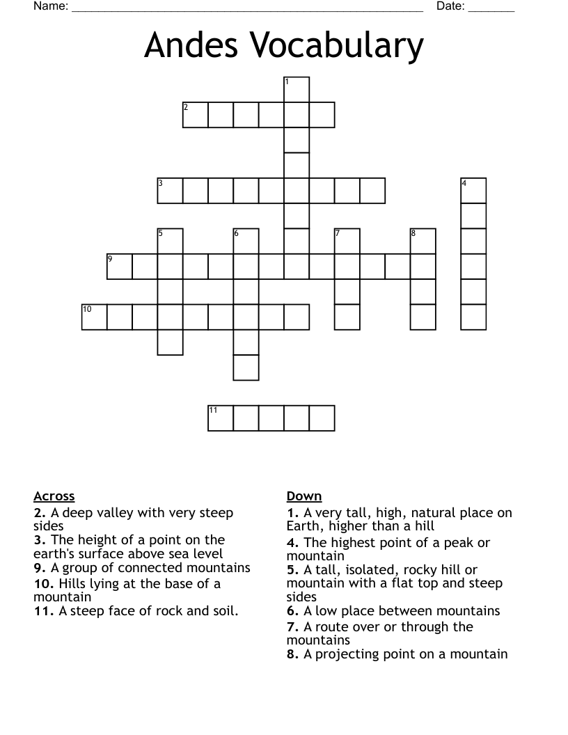 Andes Vocabulary Crossword