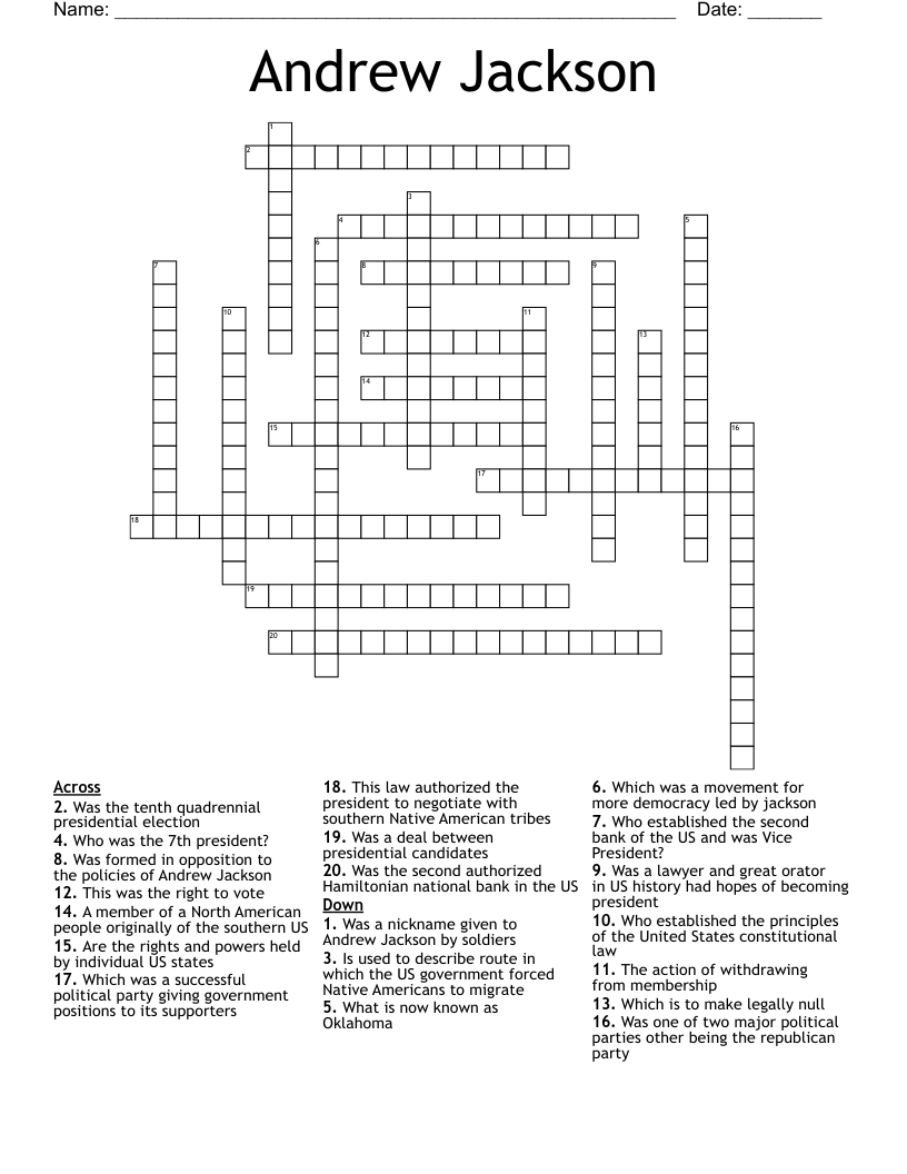 Andrew Jackson Crossword
