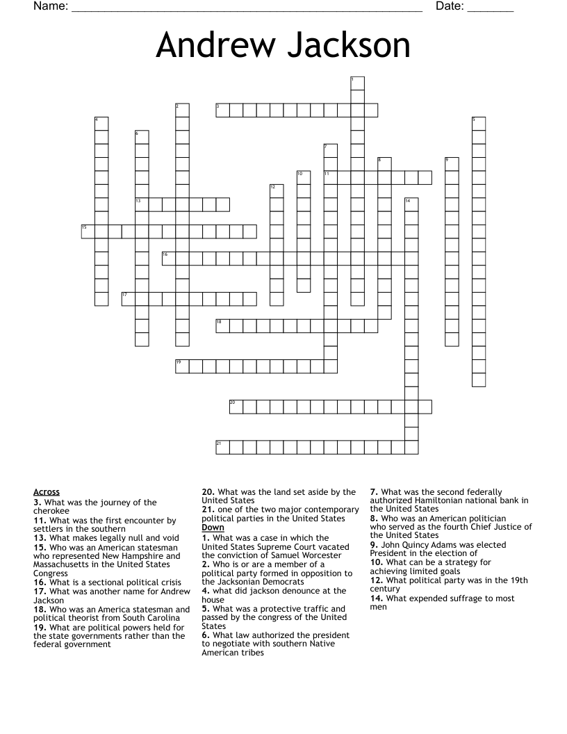 Andrew Jackson Crossword