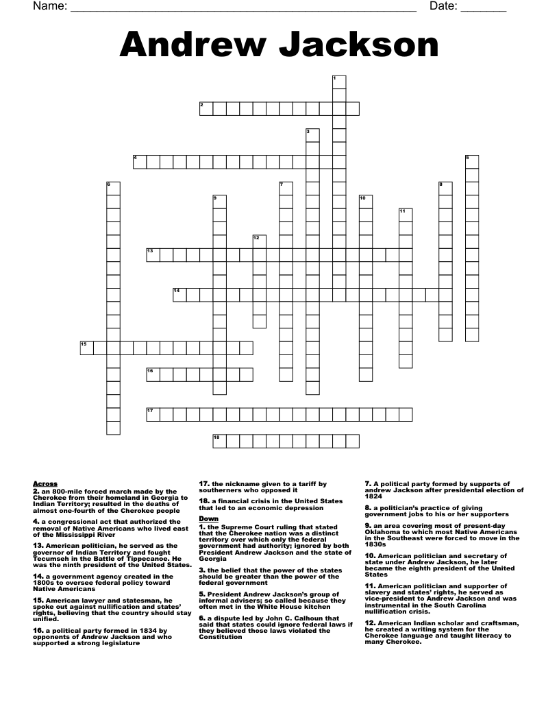 Andrew Jackson Crossword