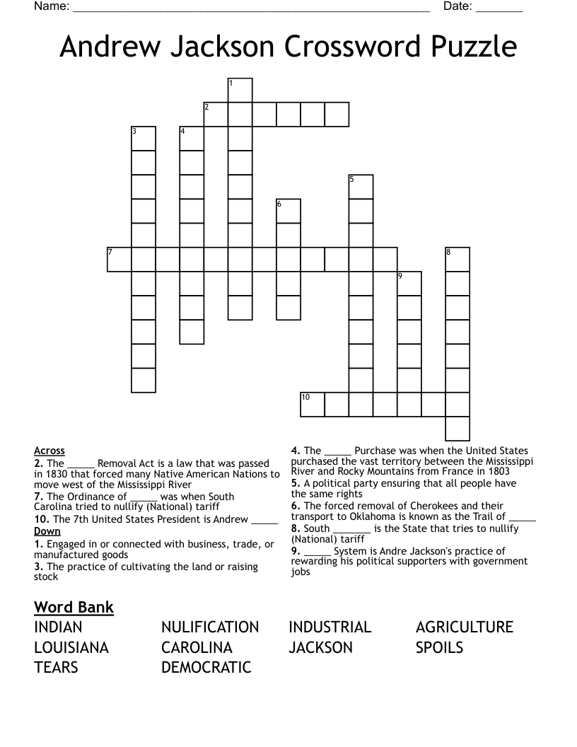 Andrew Jackson Crossword Puzzle