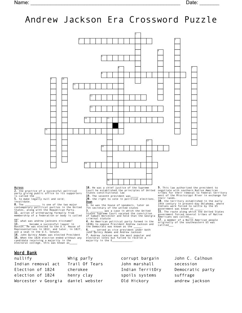 Andrew Jackson Era Crossword Puzzle