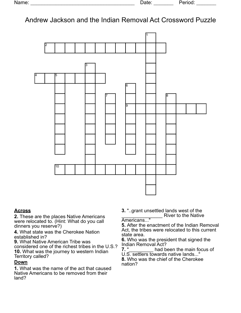 Andrew Jackson and the Indian Removal Act Crossword Puzzle