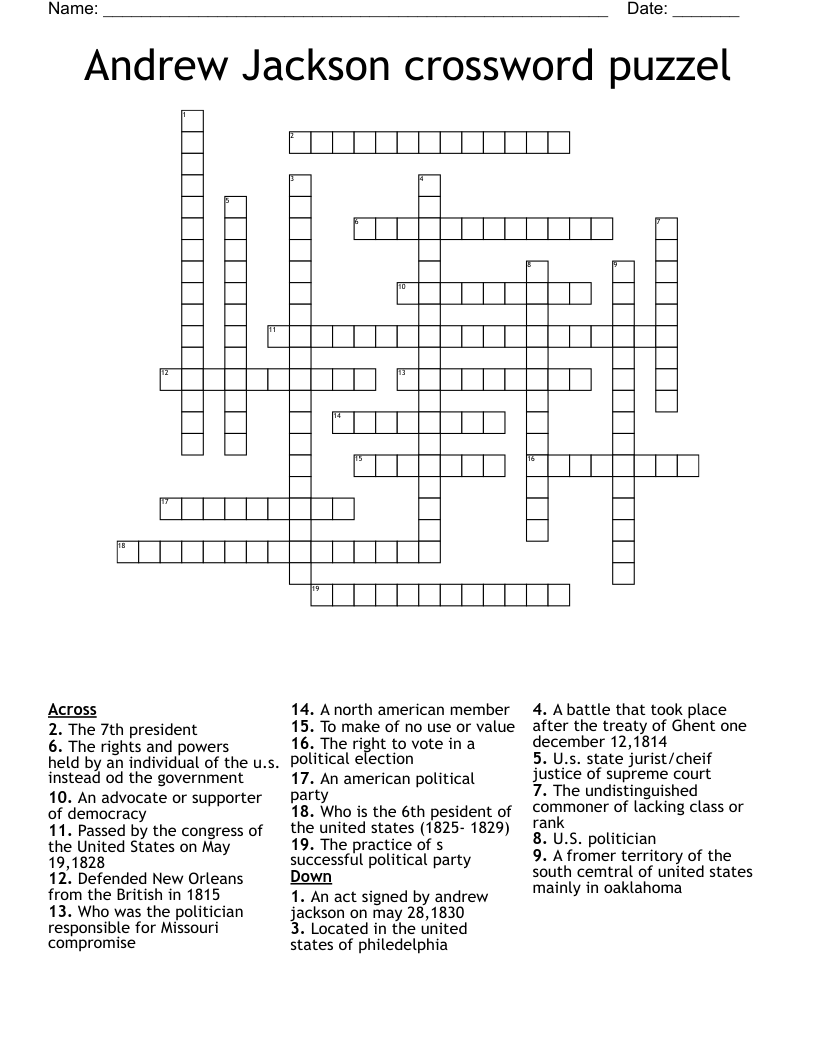 Andrew Jackson crossword puzzel