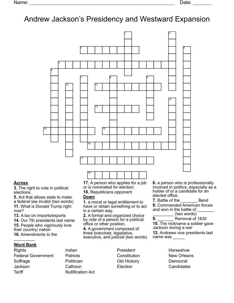 Andrew Jackson’s Presidency and Westward Expansion Crossword