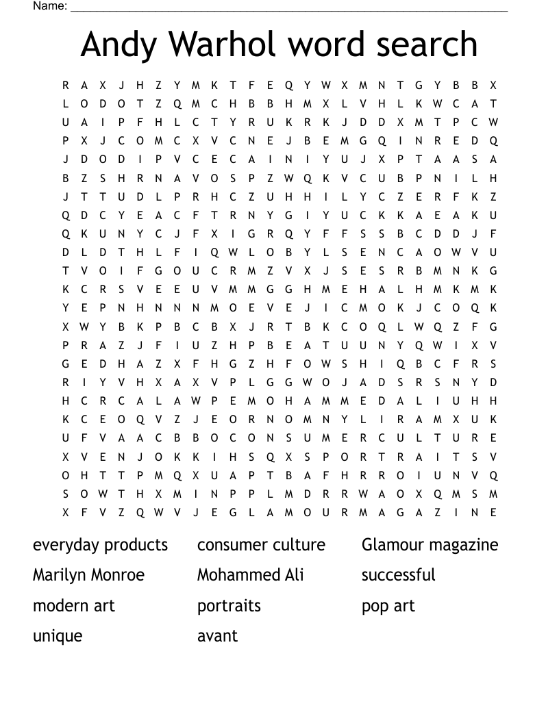 Andy Warhol  word search  