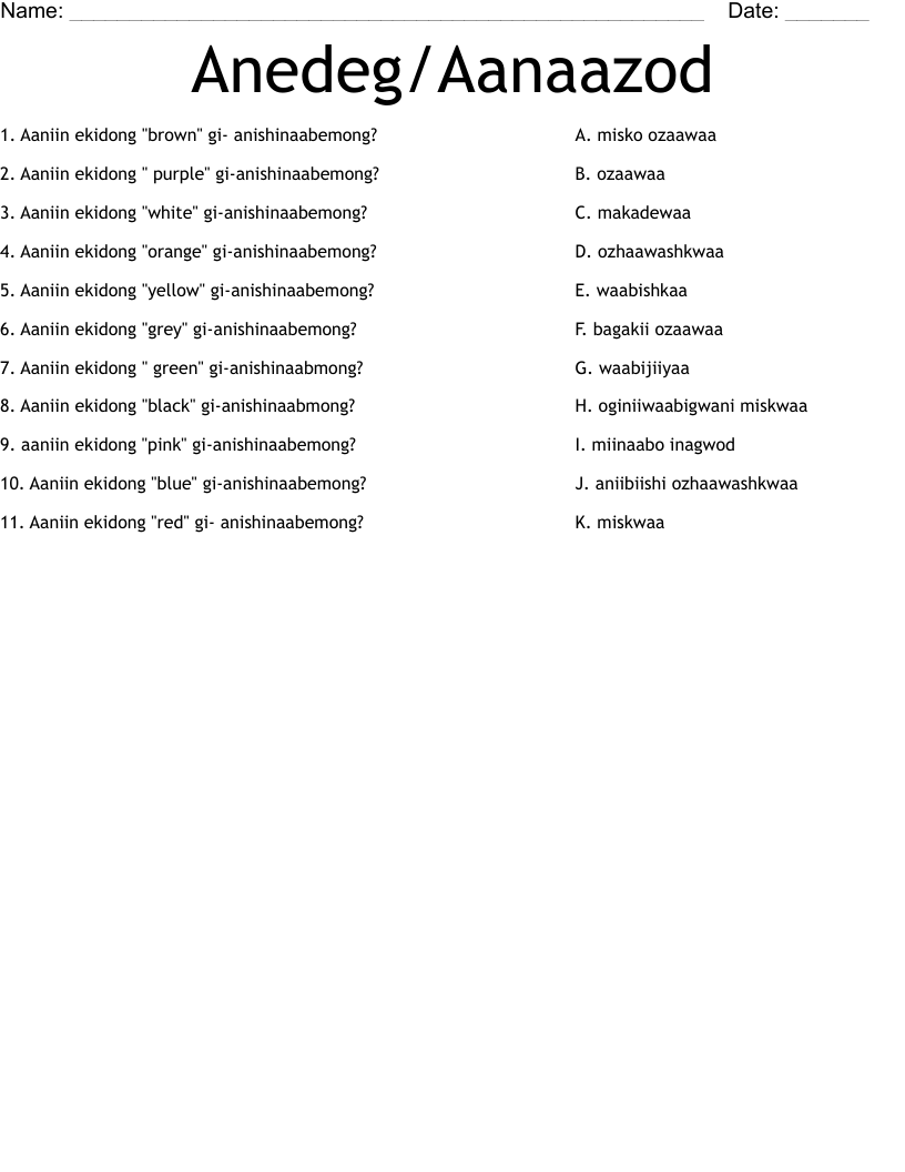 Anedeg/Aanaazod Worksheet