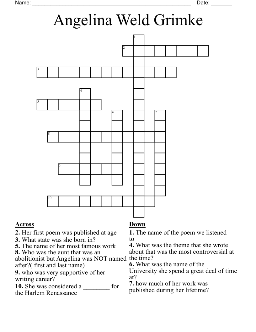 Angelina Weld Grimke Crossword