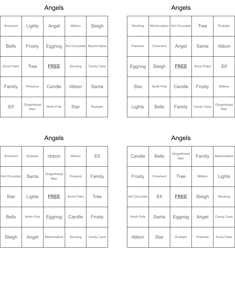 Angels Bingo Cards
