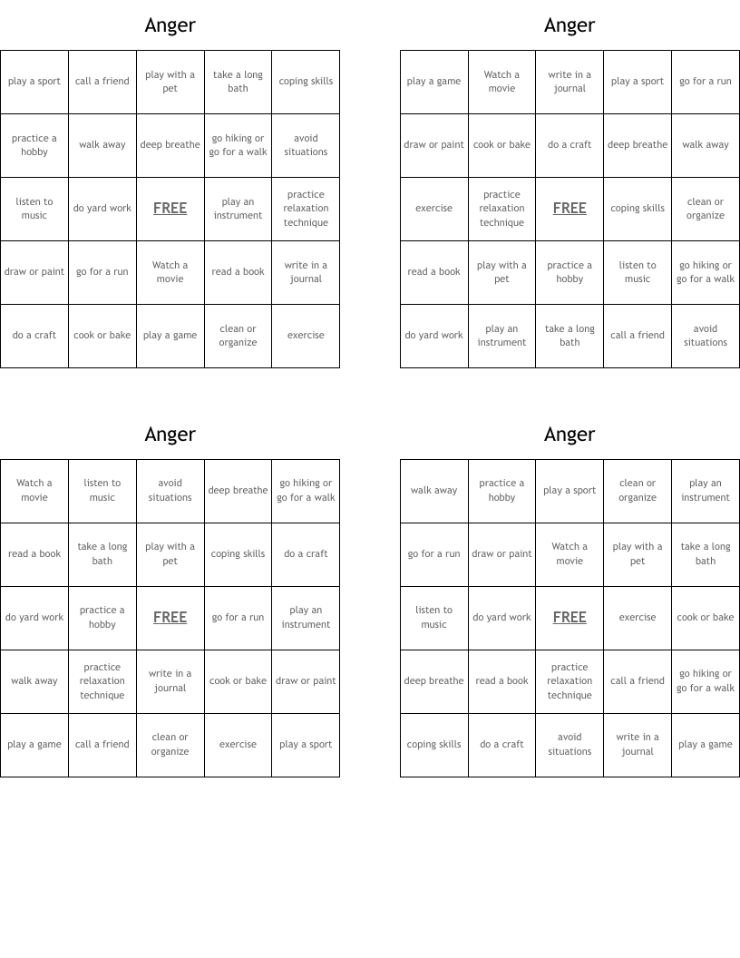 Anger Bingo Cards