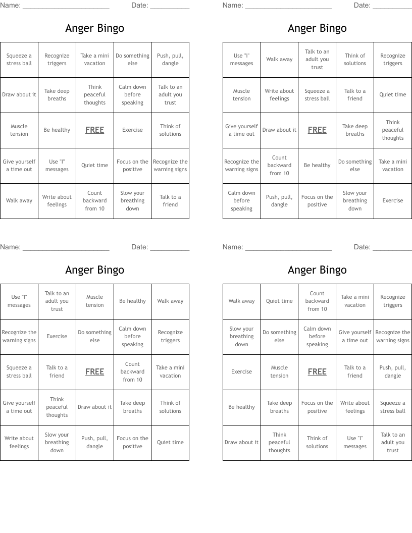 Anger Bingo