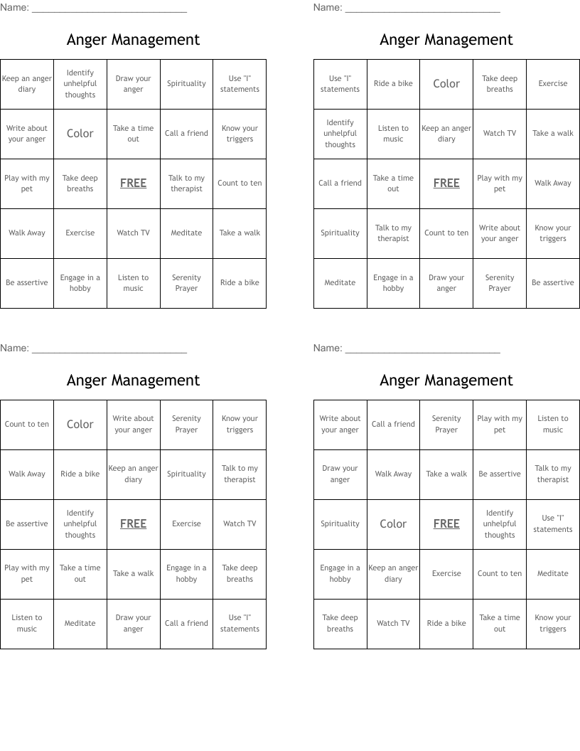Anger Management Bingo Cards